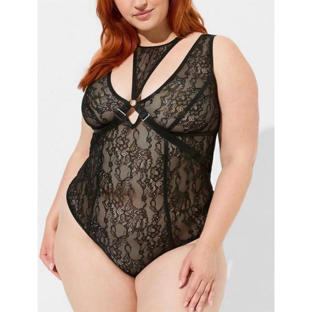 Torrid Curve 3 Black Lace‎ Thong Bodysuit with Neck Harness Lingerie Sz 3x NWT